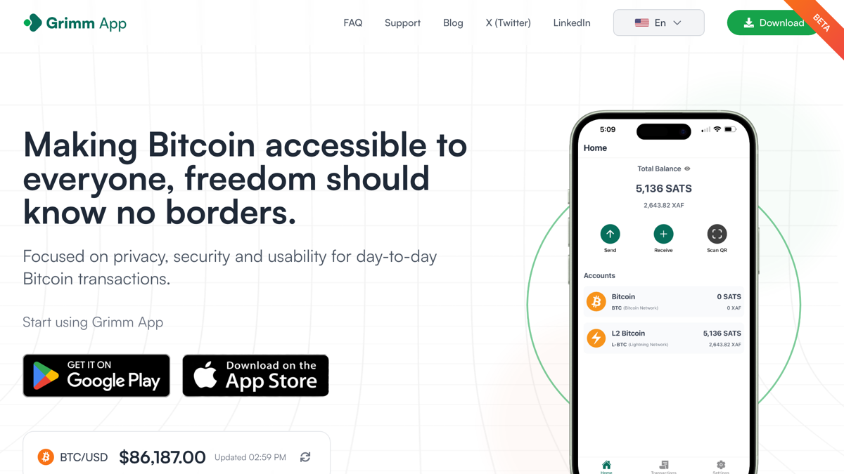 Grimm App landing page showing the mobile Bitcoin wallet