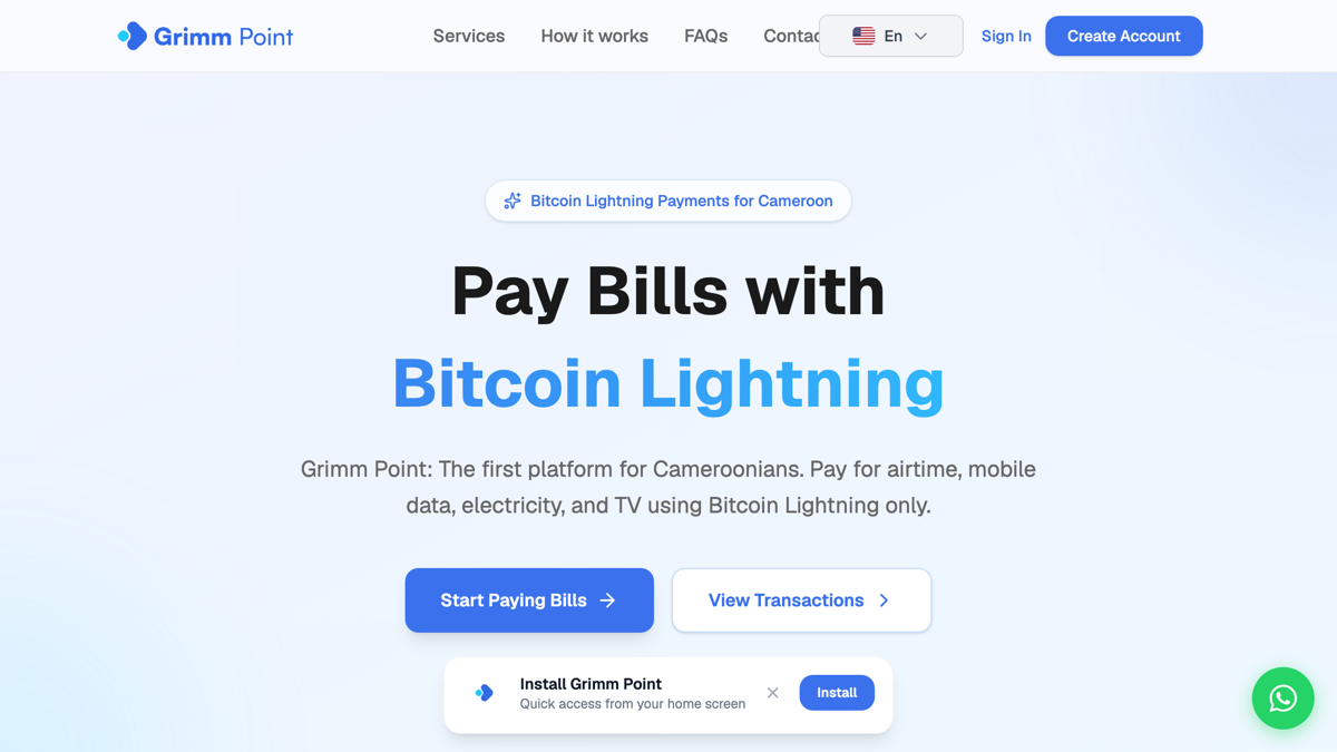Grimm Point landing page: pay bills with Bitcoin Lightning