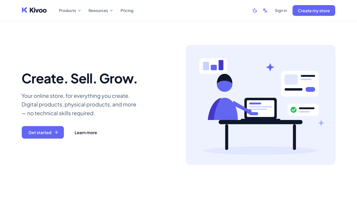 Kivoo landing page: Create. Sell. Grow.
